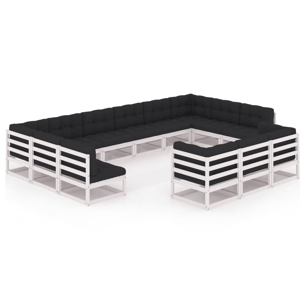 13-tlg. Garten-Lounge-Set mit Kissen Weiss Kiefer Massivholz